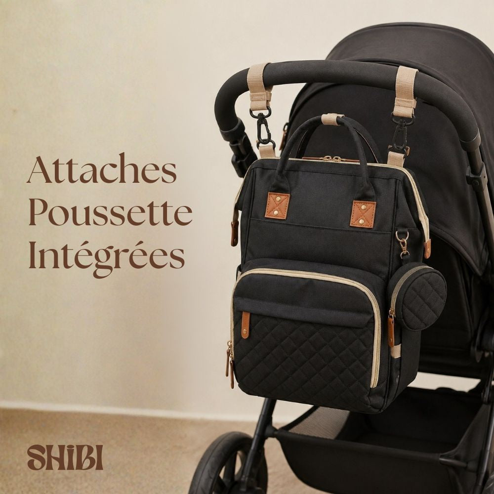 Sac à langer Shibi fixé sur la poussette grâce à ses attaches poussette intégrées