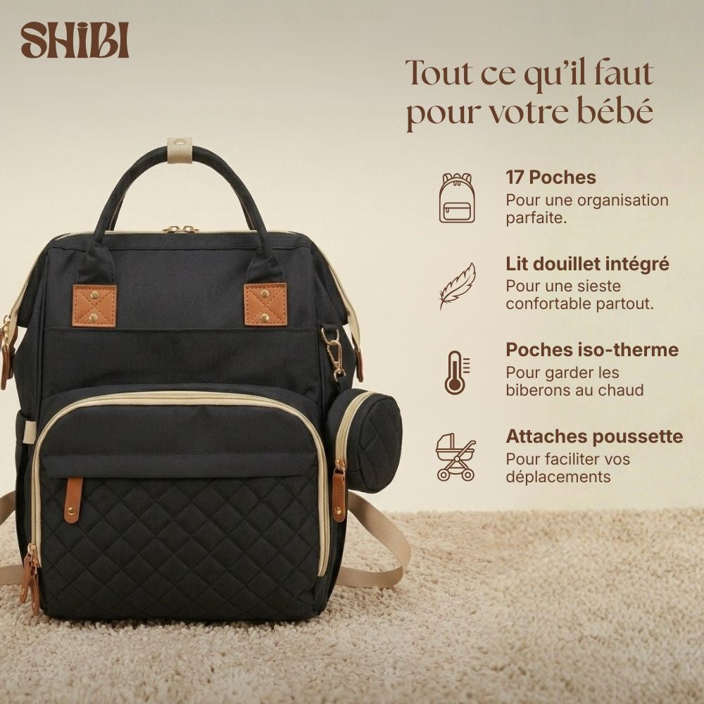 Caractéristiques du sac à langer Shibi : 17 poches, lit douillet intégré, poches isothermes, attaches poussette
