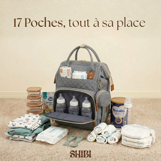 Contenu du sac à langer Shibi gris : biberons isothermes, couches, lingettes et affaires de bébé