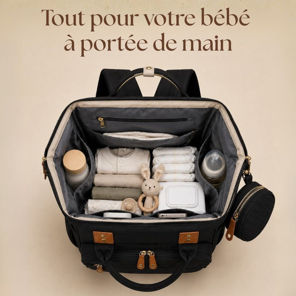 Intérieur organisé du sac à langer Shibi : compartiments pour biberons, couches, vêtements et jouets bébé